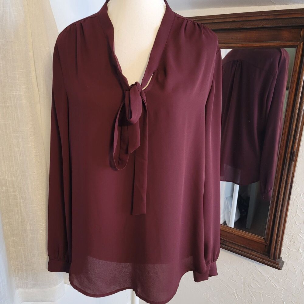 FOREVER 21 Deep Wine Tie Neck Blouse Sheer Flowy Long Sleeve Top L